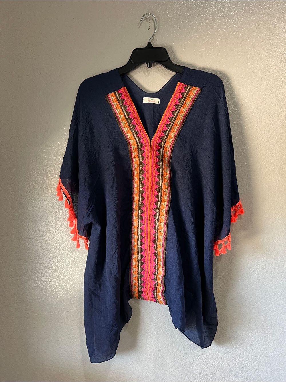 Hummingbird Navy Knit Top with Teal Logo Detail One Size Lightweight Boho TC0631